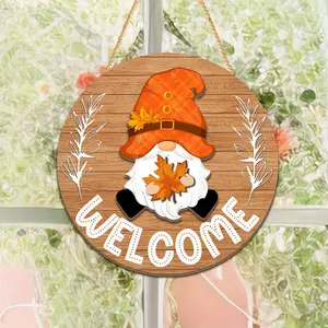 1 Set Gnome Wooden Decorative Plaque & Ornament Welcome Round Door Hanger Interchangeable Seasonal Decor Suitable for Homes, Offices & Cafes Decoration for Thanksgiving, Halloween & Christmas