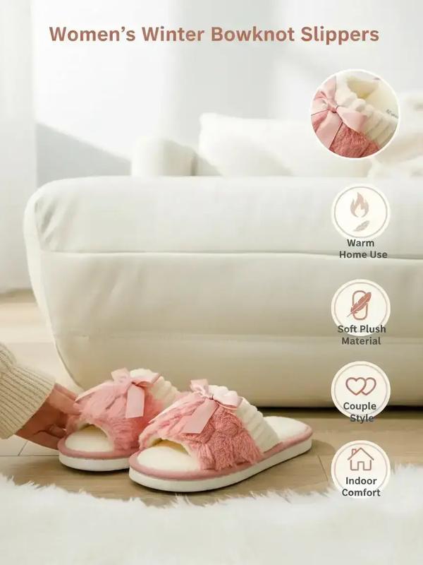 Women's Winter Bowknot Indoor Slippers, Warm Home Use, Living Room Bedroom Shoes, Fashionable Soft Plush Open Toe, Couple Style Women's Winter Bowknot Indoor Slippers, Warm Home Use, Living Room Bedroom Shoes, Fashionable Soft Plush Open Toe, Couple Style