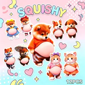 12Pcs Cute 3D raised Shiba Inu Belly Sticker - Soft Gel Pet Decal for Phones, Laptops, Fridge & Door Handle Bumper