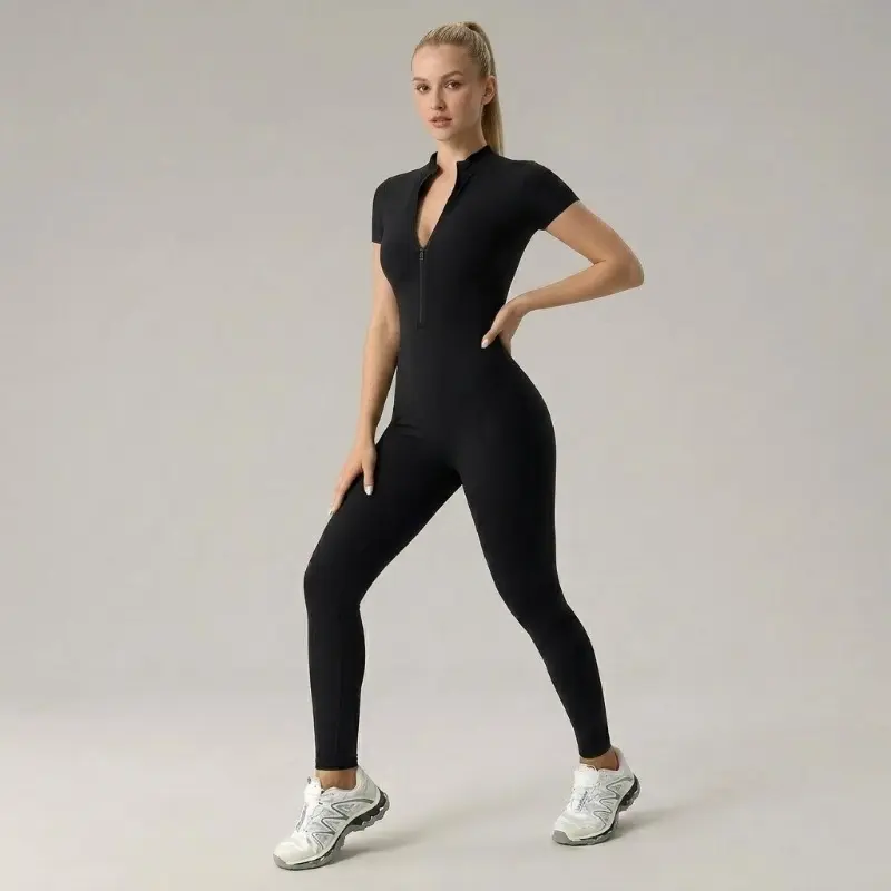 Women's Nude Zipper Short-Sleeved Yoga Jumpsuit - Hip-Lifting, Slimming Sports Tight Fitness Jumpsuit