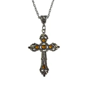 Vintage Gemstones Cross Necklace Light Luxury Women Clavicle Chain Punk Gothic