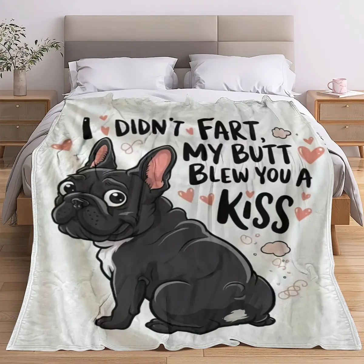 Funny French Bulldog Soft Flannel Blanket - Cute Print, Cartoon Face, Furry Design, Patterned Flannel, Animal Artwork, Modern Digital-Printed Polyester Fiber, All-Season, Wrinkle-Resistant, Ideal for Bed, Sofa, Gifting, Cute Print Blankets, Cartoon Face B
