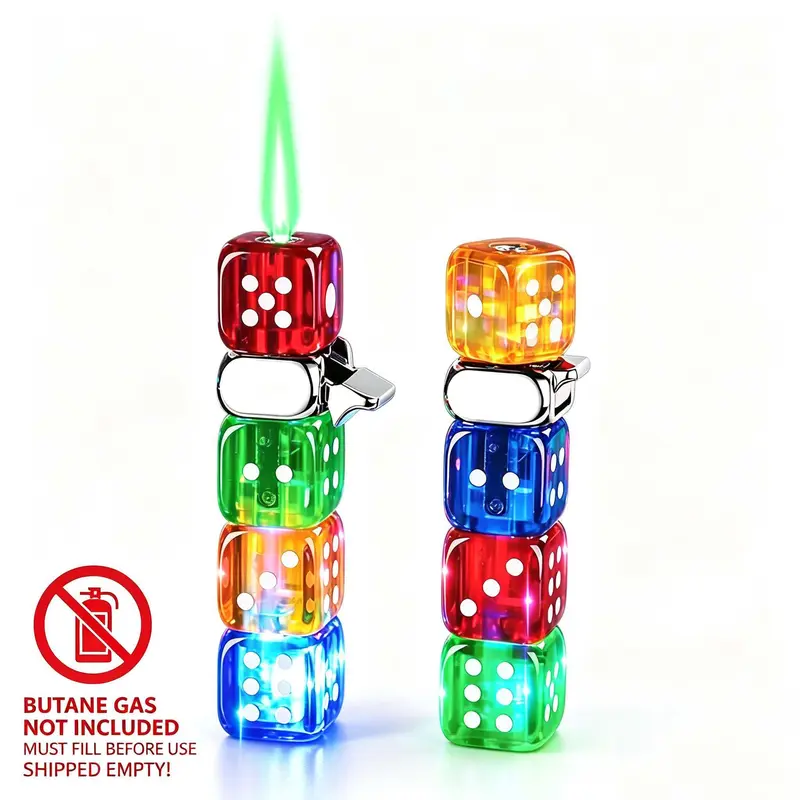 (Without butane) Colorful Rotating Dice Butane Lighter with Green Flame and Light-Up Effect, Spinning Fidget Pocket Lighter, Novelty Adult Gadget for Camping, Parties and Birthday Gatherings