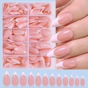 240Pcs Nude Pink French Almond Press-On Nails, Large Capacity Storage Box, Reusable Full Cover Basic False Nail Tips Kit with Jelly Glue & Nail File