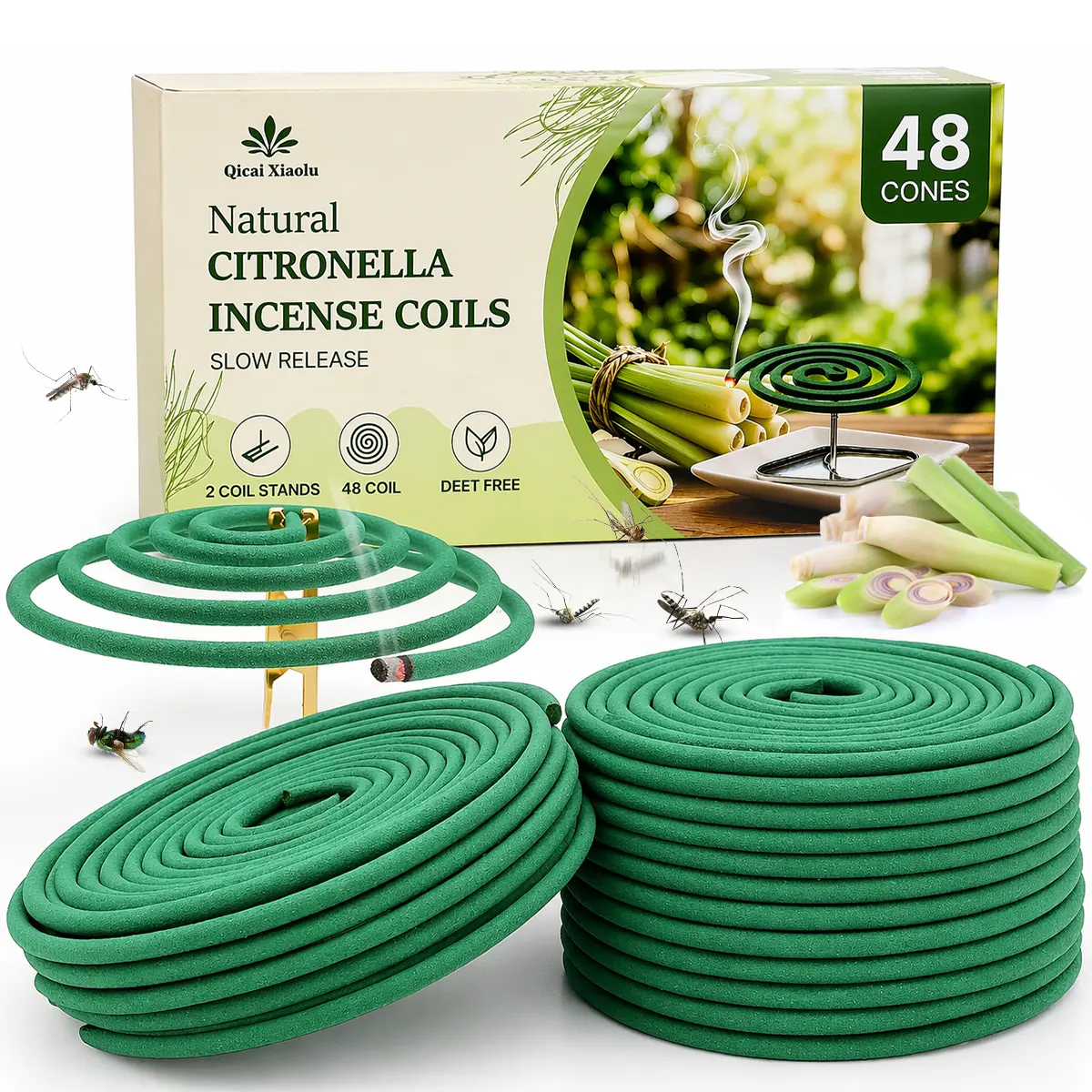 Qicai Xiaolu Citronella Incense Coils, 48 Large Long-Lasting Coils with Holders, Fresh Lemongrass Scent for Patio, Garden, Camping, Porch, Backyard & Indoor Home Fragrance