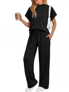 Cross-border European and American spring/summer women's Fitted casual solid color top, short-sleeved wide-leg pants fashion set, casual