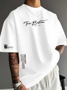 Men's the Boston 1997 Vintage Handwritten Print T-Shirt, Loose-Fit Boston Logo City Slogan Short Sleeve, Casual Streetwear Top