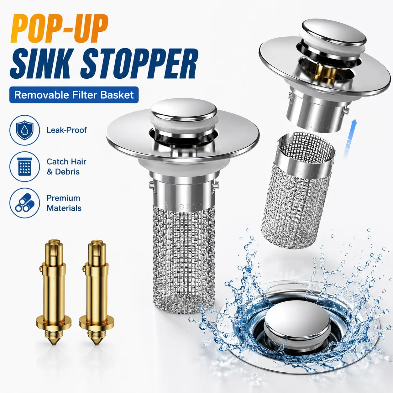 Pop-Up Bathroom Sink Drain Strainer with Removable Stainless Steel Hair Catcher Basket, Universal Fit for US Bathroom Sinks, Bathtubs, Showers & Floor Drains, 2PCS Bathroom Sink Stopper Strainer
