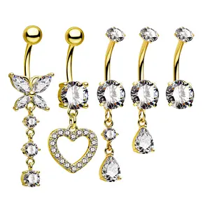 Oufer 5PCS Butterfly & Heart CZ Dangle Belly Button Rings Set Gold-Tone Crystal Accents Fashion Jewelry