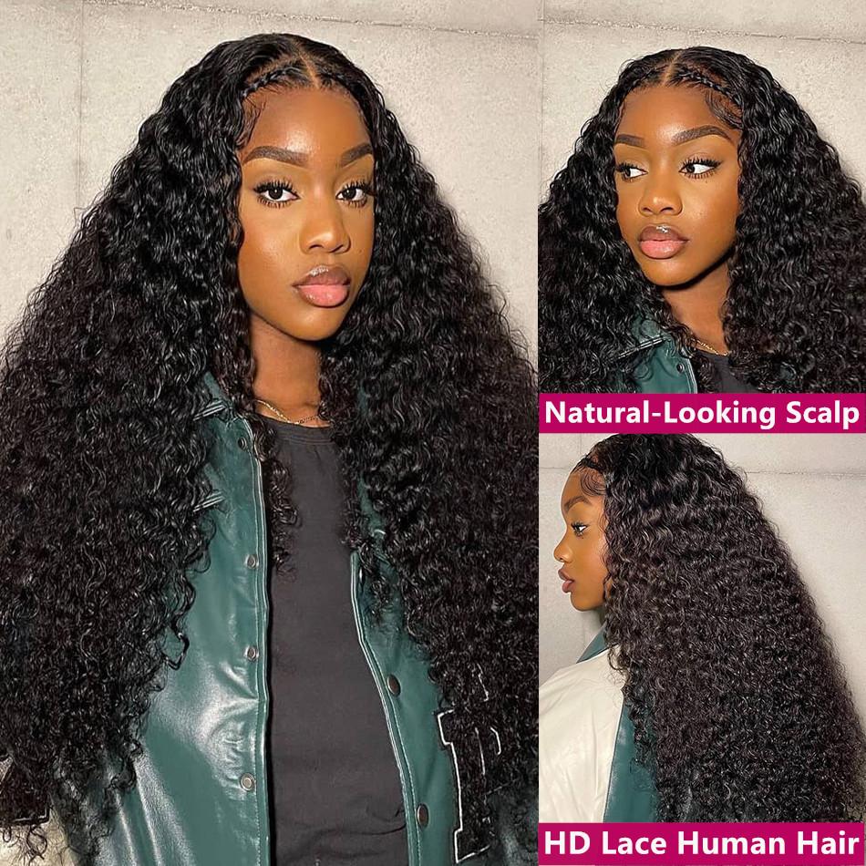 40 38Inch Deep Wave 13x6 Lace Front Wigs Drawstring Glueless Wig Human Hair 180 Density 13x4 HD Lace Frontal Wigs Human Hair Pre Plucked Deep Curly Glueless Wigs Human Hair for Women Natural Black