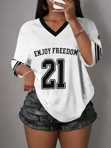 Women's Drop Shoulder Mesh Top, Summer Sweet Cool Girl Series T-Shirt, Colorblock, Los Angeles 23 Print, Sporty Baseball Style