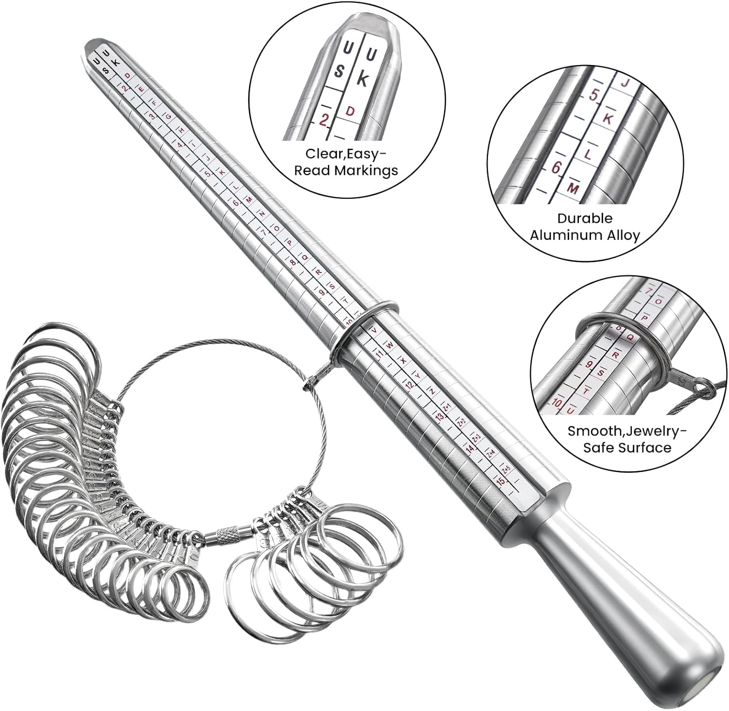 Alloy Ring Sizer Measuring Tool Set - US/UK Size Ring Mandrel, Ring Gauge & Finger Sizer for Jewelry Making, Ring Sizing & Resizing