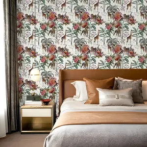 Tiger Giraffe Floral Print Wallpaper, Bedroom Living Room Kitchen Bathroom Wall Decor, Home Decoration Self-Adhesive Paper Roll