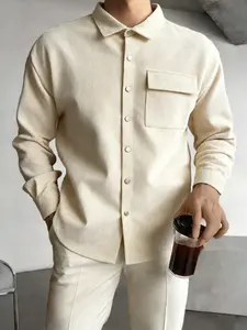 Men's Corduroy Long Sleeve Button-Down Shirts | Soft Ribbed Fabric Casual Pocket Shirts | Slim Fit Daily Office Streetwear | Single Piece | White/Navy/Light Blue/Beige/Olive/Purple/Brown Multi-Color Styles
