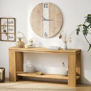 Boho Console Table with Beaded Trim, 63" Long Vintage Farmhouse Rectangular Sofa Table Behind Couch with 2-Tier Storage Shelf, Narrow Entryway Accent Tables for Living Room, Hallway, Entrance, Foyer