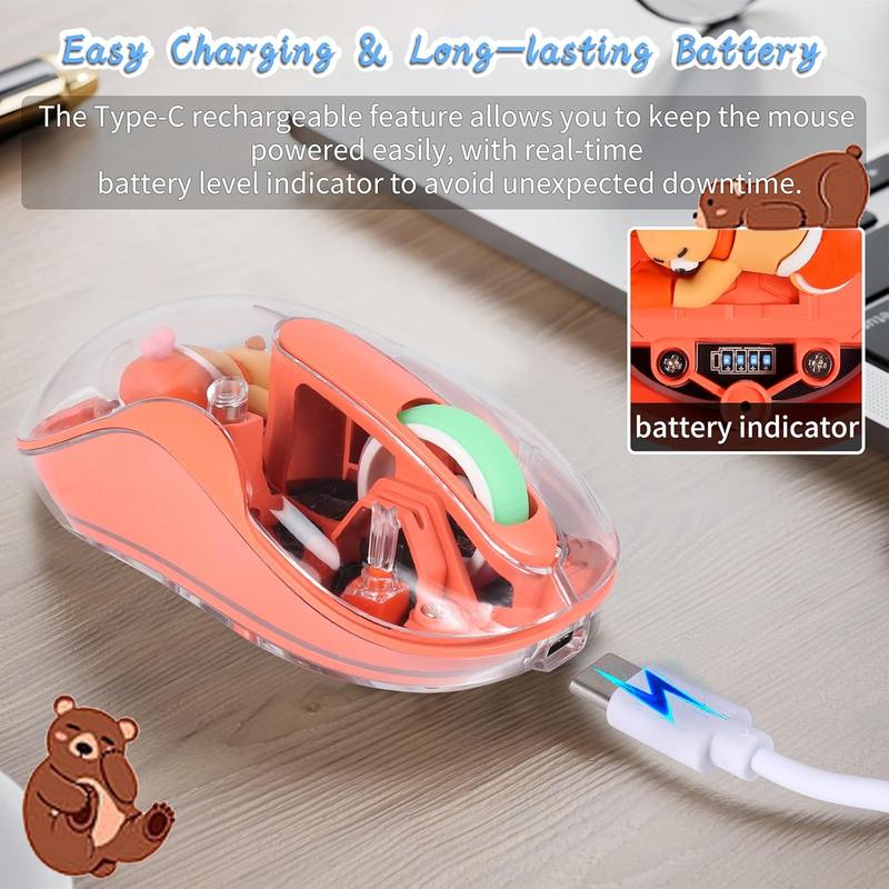 Cute Wireless USB C Mouse - Bluetooth Triple Mode Rechargeable Cartoon Mouse for Laptops, iPads & MacBook Air/Pro - Silent Operation, Portable Design, Unique Magnetic Character (Orange)