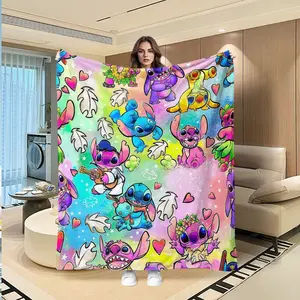 Stitch Full Print Flannel Blanket, Cute Pet Design, Macaron Colors, Soft Warm Wrap, Creative Digital Print, Holiday Gift, Sofa Bed Throw