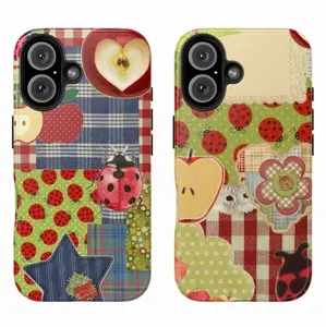 Cottagecore Patchwork Phone Case Cute Ladybug & Fruits Collage for iPhone 16 15 14 13 12 11 Pro Max XR XS Samsung S25 S24 S23 S22 S21 Plus Ultra Durable Protection Screen Protector Smartphone Casing