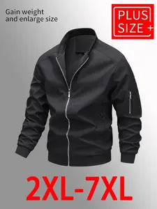 Men's Plus Size Front Zip Long Sleeve Jacket, Fashionable Comfortable Outerwear, Perfect for Casual Wear, Stylish and Cozy Coat, Menswear