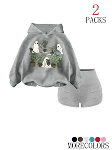 Women's Fall Winter Hooded Knit Matching Sweatshirt Set, Ghost Plant Print, Casual Loose Fit, Perfect for Halloween & Daily Wear