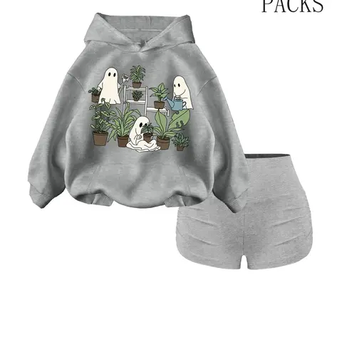 Women's Fall Winter Hooded Sweatshirt Set, Ghost Plant Print, Aesthetic Graphic Pullover, Casual Loose Fit, Perfect for Halloween & Daily Wear
