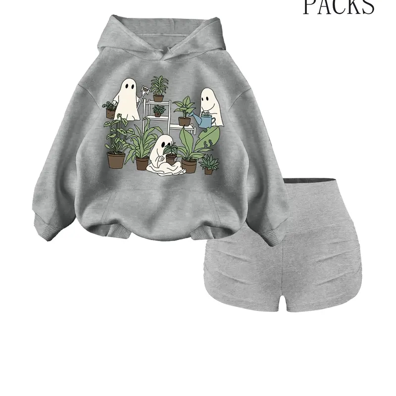 Women's Fall Winter Hooded Sweatshirt Set, Ghost Plant Print, Aesthetic Graphic Pullover, Casual Loose Fit, Perfect for Halloween & Daily Wear