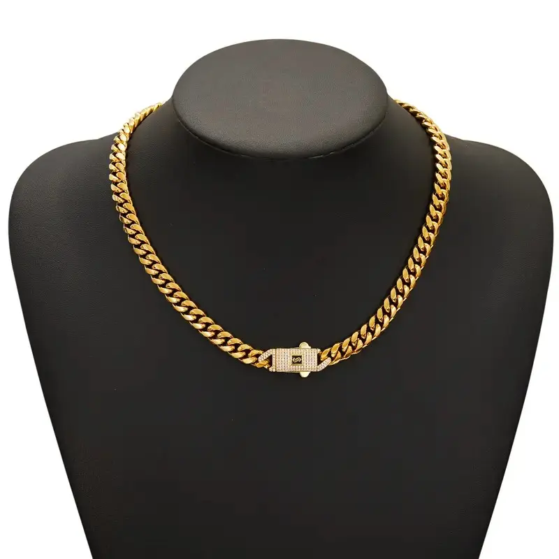Square CZ Clasp S Mark Cuban Link Chain | Gold Plated Finish | Multiple Lengths | Unisex Street Style Layering Necklace