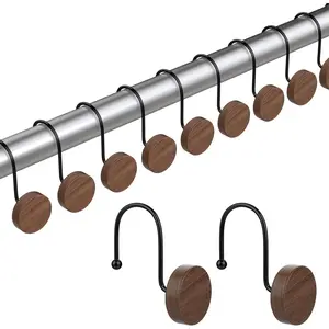 Shower Curtain Hooks, Decorative Shower Curtain Rings for Shower Curtain Rod,Imitation Wood Grain Resin Shower Curtain Hangers, Shower Hooks for Bathroom, Bedroom Set of 12 (Black)