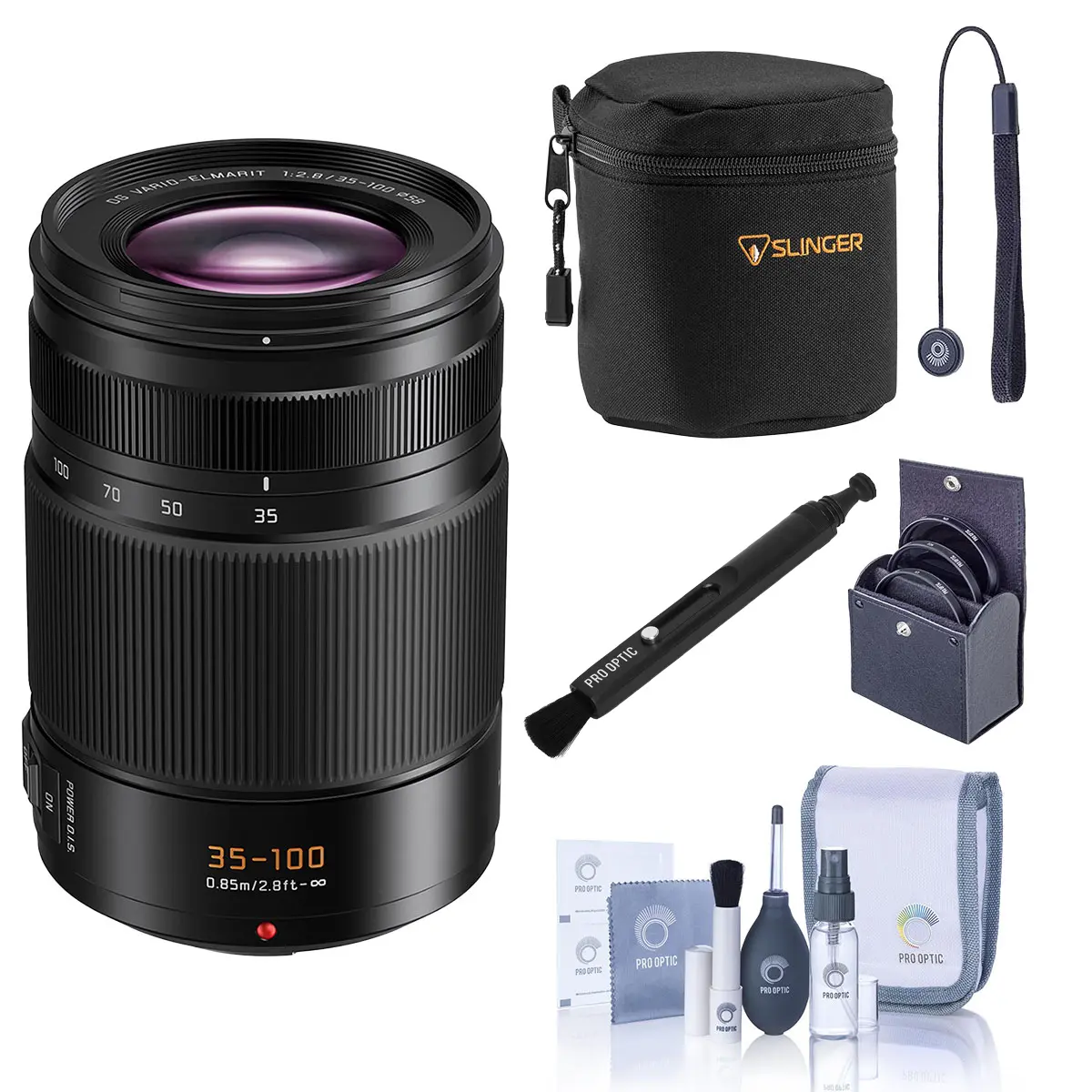 Panasonic Leica DG Vario-Elmarit 35-100mm f/2.8 Lens, Bundle with Small Lens Case, 58mm Filter Kit, Lens Cleaner, Cleaning Kit and Lens Cap Tether
