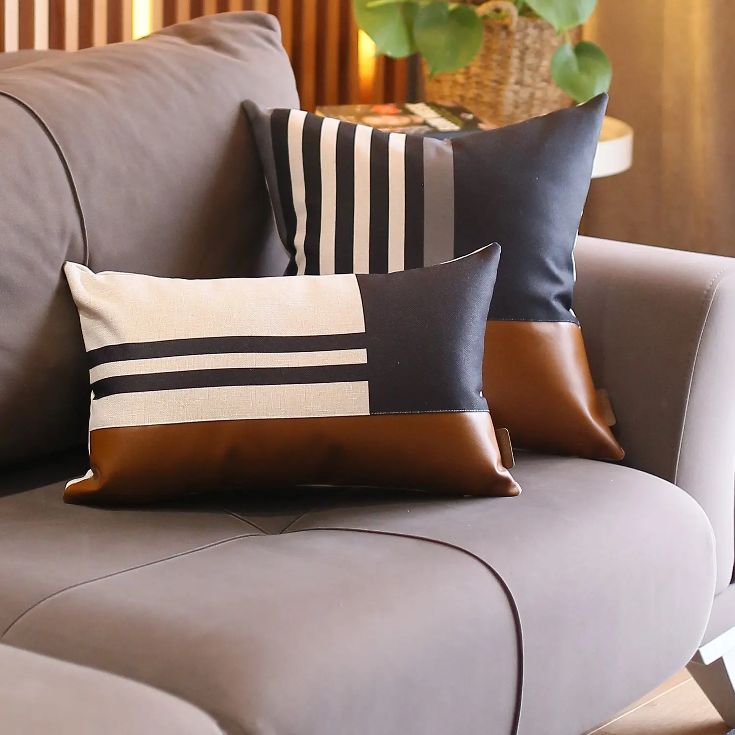 Decorative Boho-Chic Set of Throw Pillows Vegan Faux Leather Geometric 12" x 20" & 18" x 18" Brown & Black Lumbar & Square for Couch, Bedding