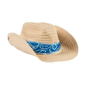 24" Adults Western Straw Cowboy Hats with Blue Bandana - 12 Pc.