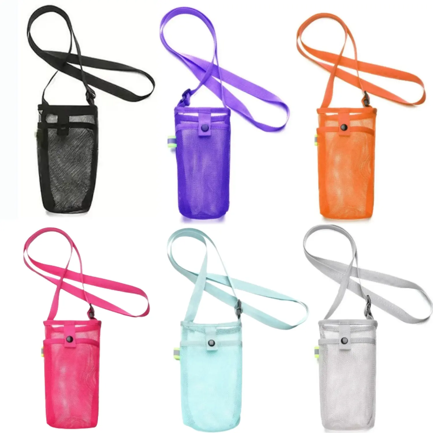 6Pcs Nylon Netting Outdoor Water Bottle Holder Carrier with Adjustable Shoulder Strap - Home Improvement Kitchen Fixture Accessory, Fits Bottles for Hiking, Gym, Traveling, Jogging - Messenger Drinkware Bag