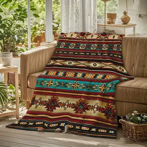 Tribal Aztec Navajo Flannel Blanket, 1 Count Southwest Geometric Striped Soft Throw, Red Brown Earth Tone Decor, Cozy Nap Blanket for Home Office Travel, Suitable for Sofa Bed Couch, Gift for Him Dad Cowboy, Western Boho Statement Piece
