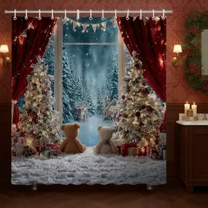Christmas Series Bathroom Set, Plaid Toilet Cover Pad, Waterproof Shower Curtain, Non-Slip Mat, Bath Rug, 4-Piece Combo Pack