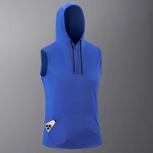 Men’s sleeveless hooded sports vest with kangaroo pocket design, comfortable hood design, breathable and comfortable, suitable for outdoor activities, manufacturer product.