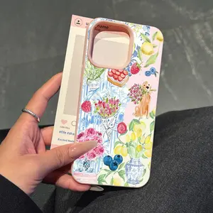 Faux Leather Texture Feel Pink with Exquisite Flowers, Strawberry, and Puppy Pattern Phone Case Soft Silicone , Anti-Drop Cellphone Protective Cover For iPhone 17 16 15 14 13 12 11 Pro Max Plus XS Air Girly