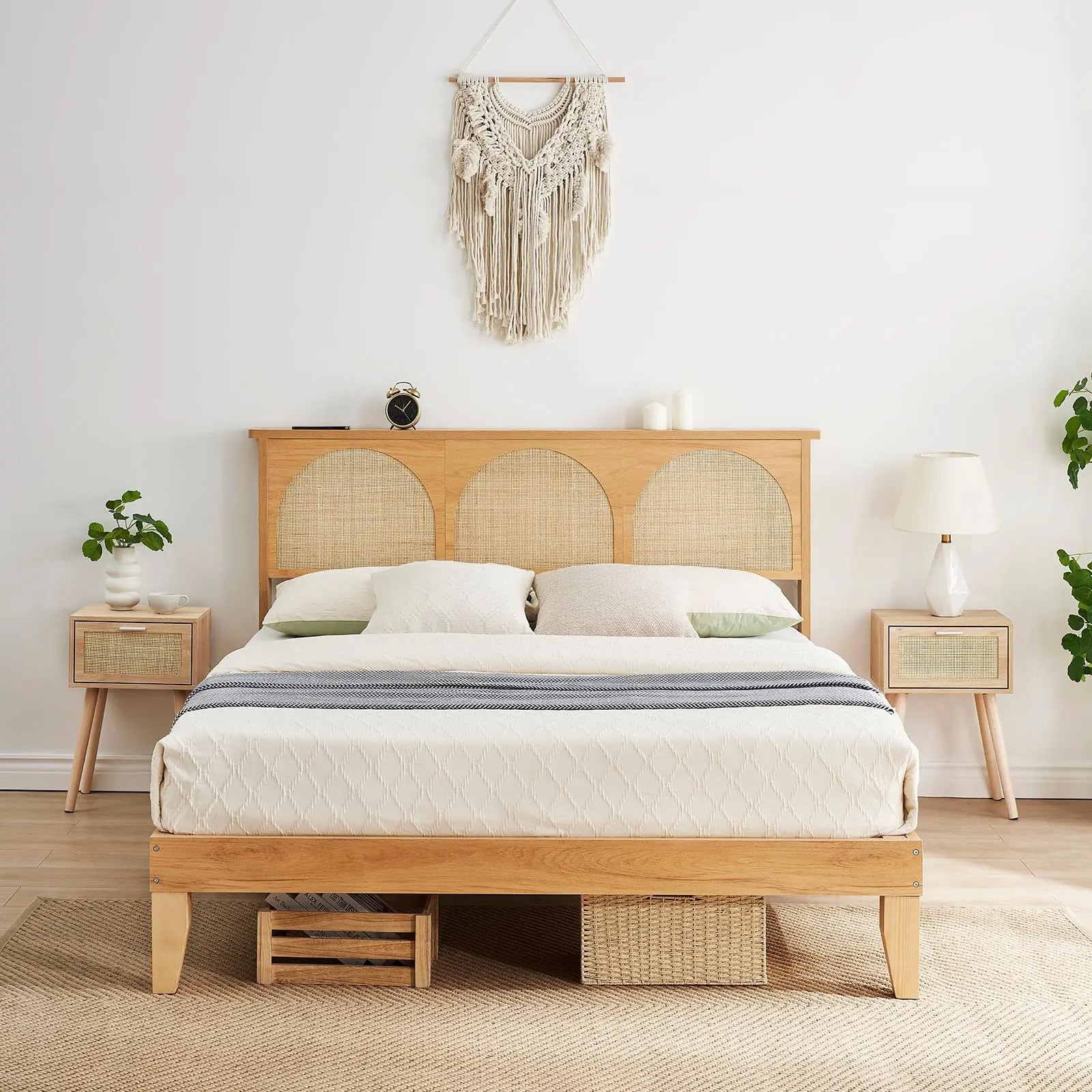 Boho Rattan Platform Bed with Smart RGB LED Storage Headboard, Wooden Frame Includes Under-Bed Storage, No Box Spring Needed, Easy Assembly