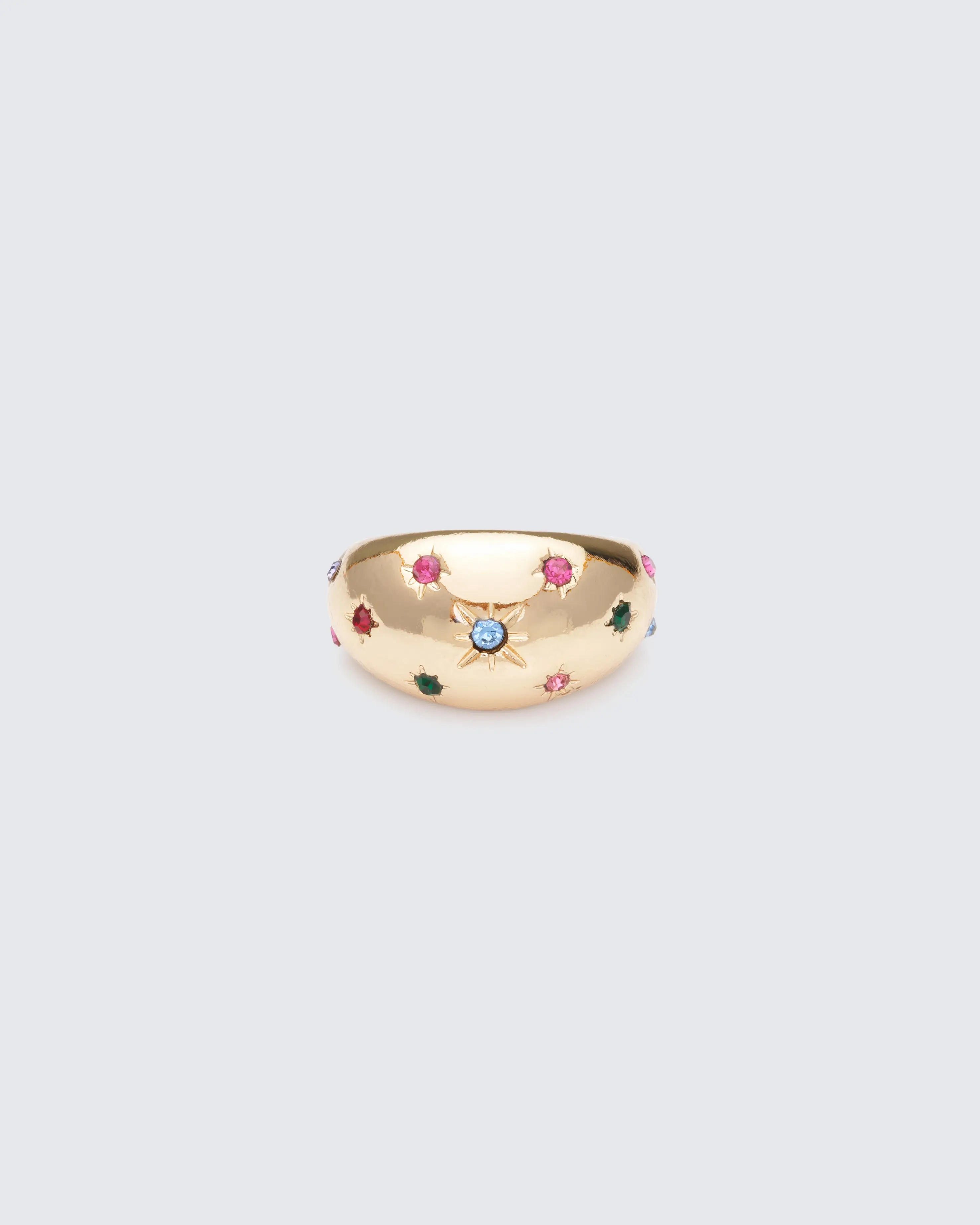 Sparkling Starburst Dome Ring in Gold, Elegant Chunky Wide Band with Scattered Multicolor Crystals for Women, Elegant Fashion Rings, Sparkling Rings