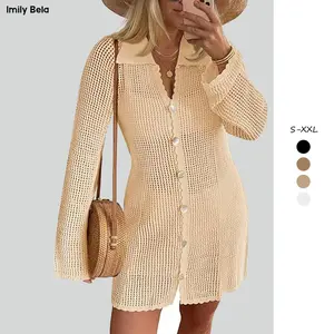 Imily Bela Womens Crochet Swimsuit Coverup Button Down Long Sleeve Cardigan Mini Dress Beach Cover Ups Vacation Outfits