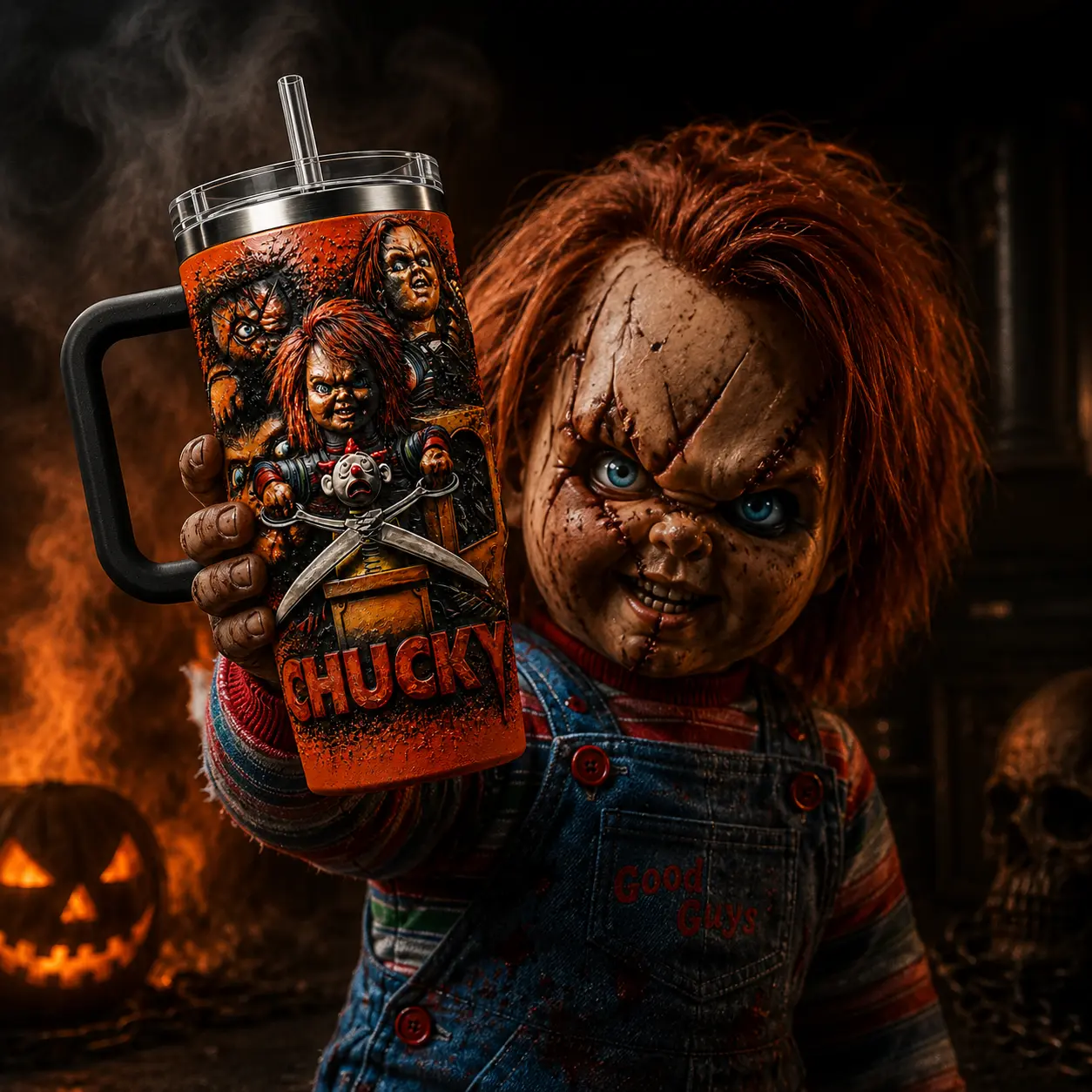 Chucky Halloween Premium 40oz Stainless Steel Tumbler With Handle, Child’s Play Horror Movie Collector Vacuum Insulated Stainless Steel Travel Mug Gift, Halloween Theme Tumbler