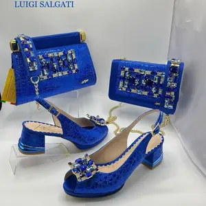 Luigi Salgati Black High-Heeled Sandals with Rhinestone Bow & Matching Handbag Set for Women