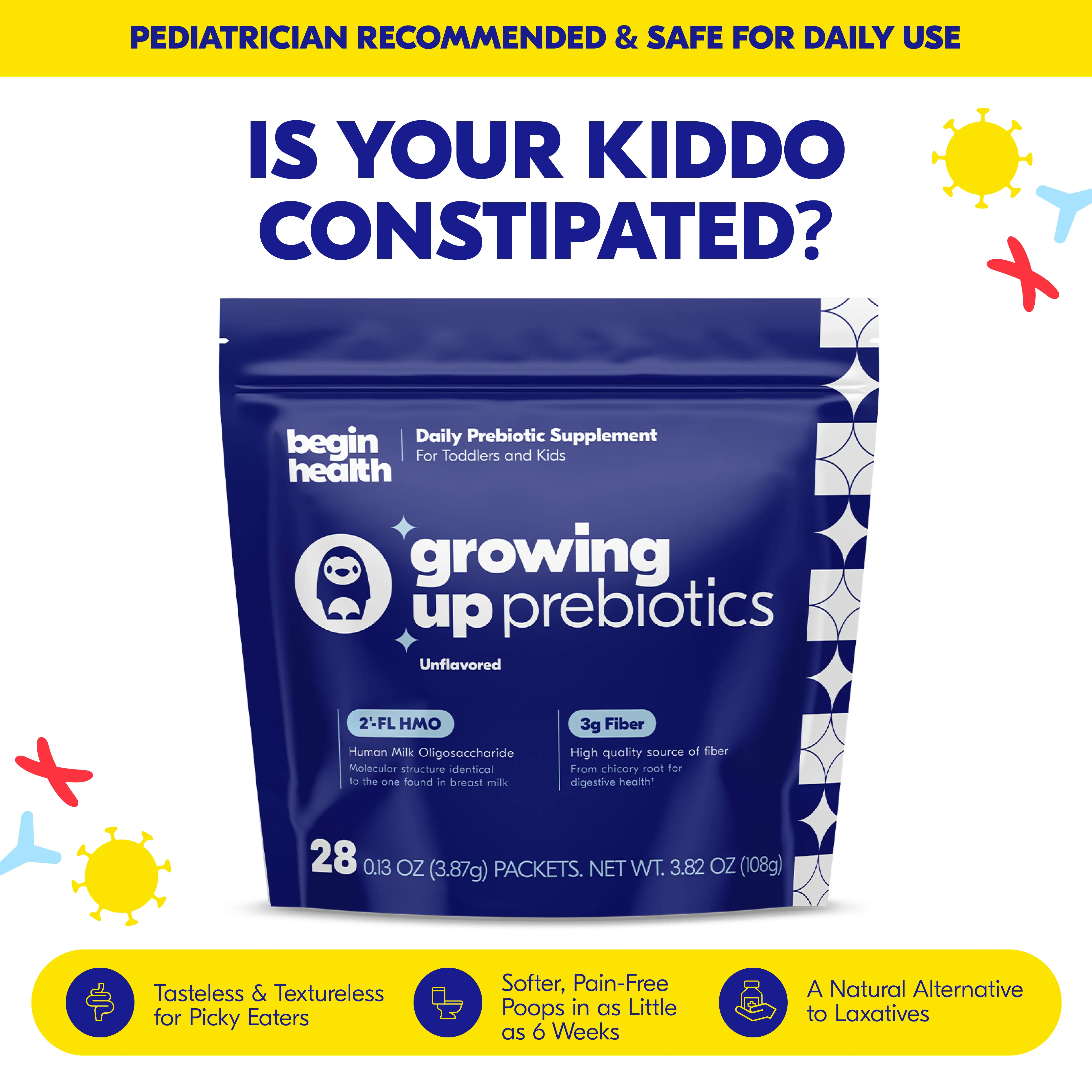 Begin Health Daily Growing Up Prebiotics - 28-Pack for Kids | 3g Fiber | Regular Bowel Movements, Gut Health & Pain-Free Pooping | Tasteless & Texture
