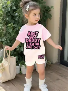 Pink and white warm style baby girl's suit with digital printing, 100% polyester baby short-sleeve suit, lovely baby girl's casual clothing, suitable for daily and outdoor sports T-shirts, a perfect gift for babies Casual Set