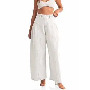 Womens Baggy High Waisted Jeans Loose Boyfriend Wide Leg Side Pleated Denim Pants