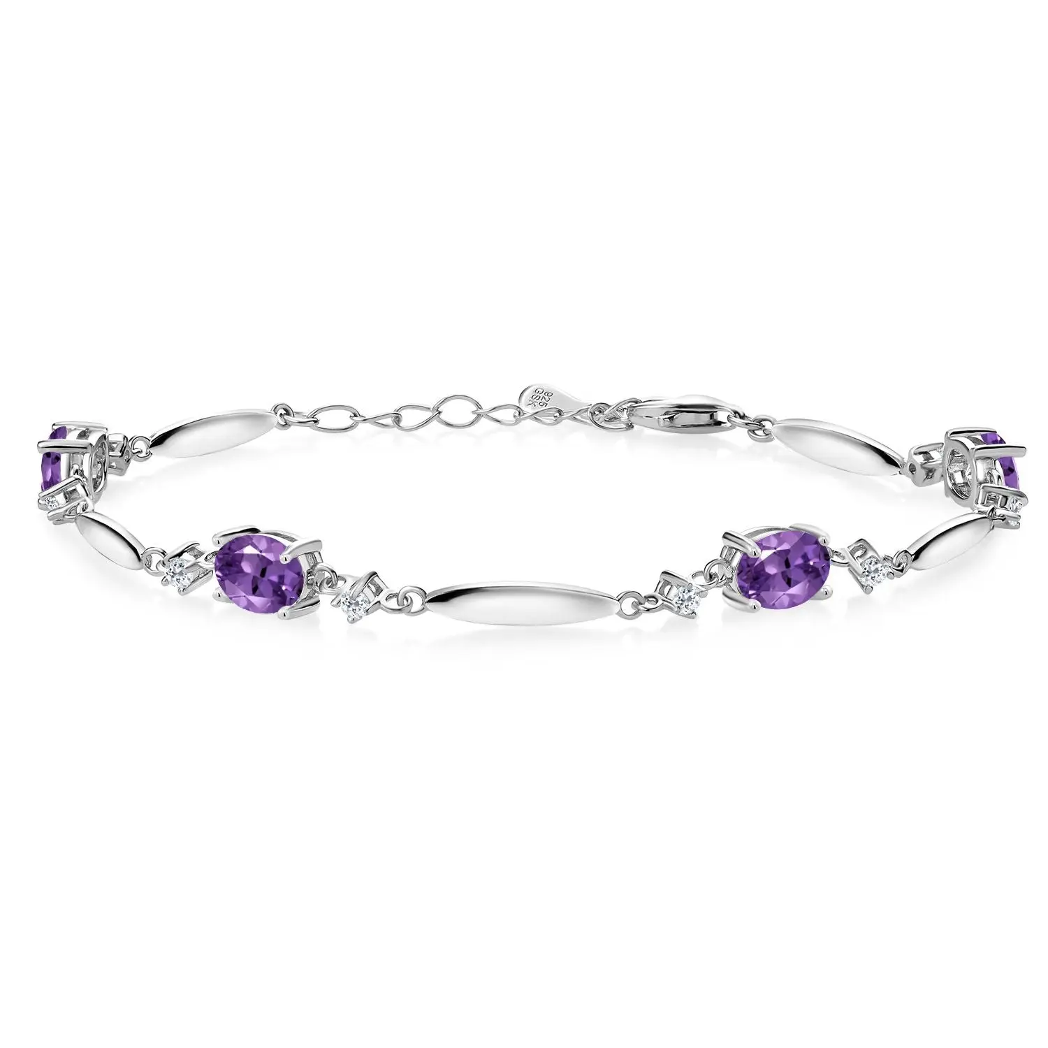Gem Stone King 925 Sterling Silver Gemstone Birthstone and White Topaz Tennis Bracelet For Women | Oval 7X5MM and 2MM | 6 Inch + 1 Inch Extender | Fine Jewelry for Her Mom Wife