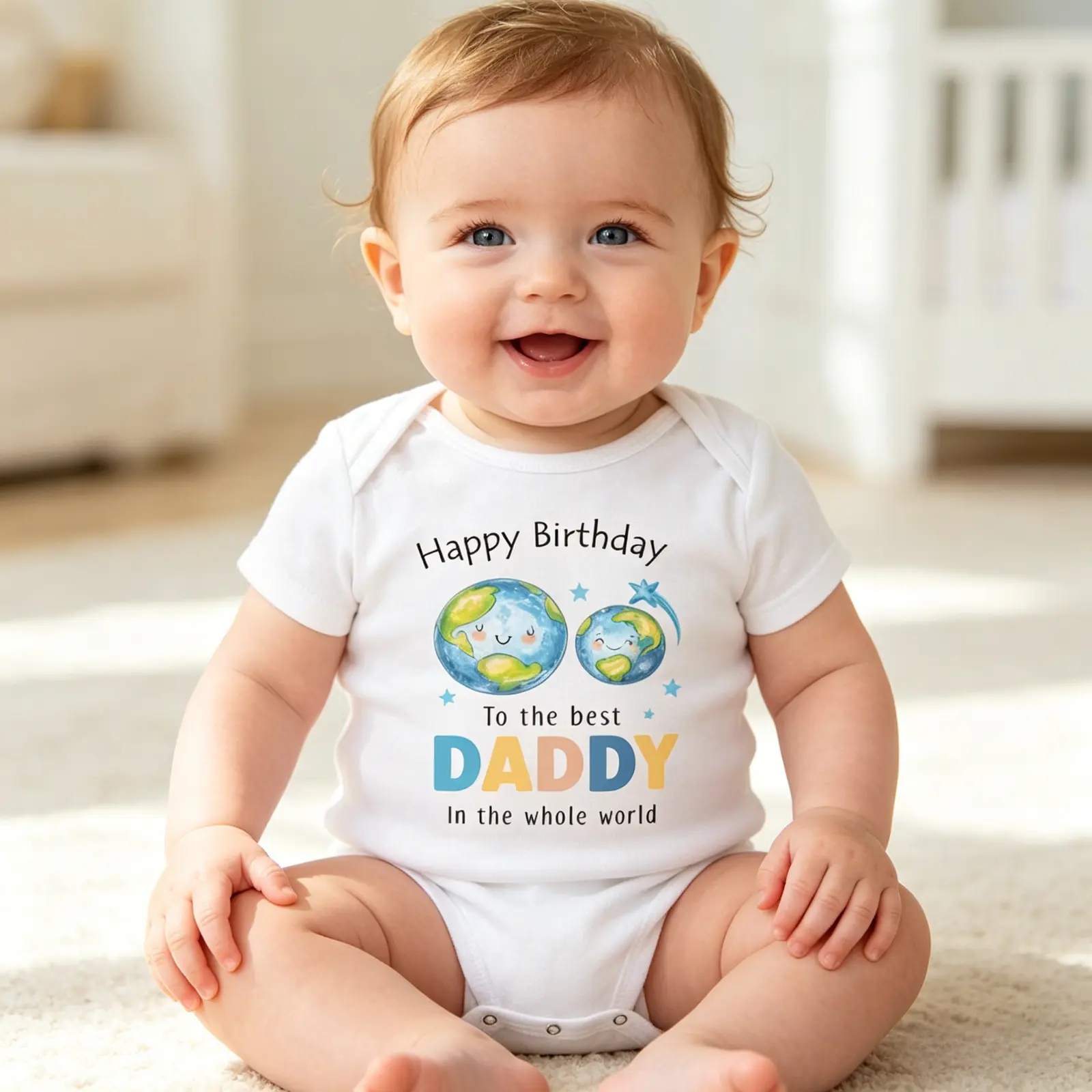 Infant Baby Boy Bodysuit in Soft 100% Cotton, "Happy Birthday Daddy" Graphic Print, Skin-Friendly Ventilated Party Outfit with Envelope Neckline, Soft Graphic Print, Roomy Crotch, Letter Print
