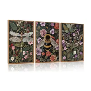 3pcs Boho Flowers Insect Unframed Wall Art, Dark Academia Cottage Core Whimsical Bee Butterfly Dragonfly Canvas Artwork, Abstract Vintage Floral Botanical Plant Decor For Home Office Bedroom