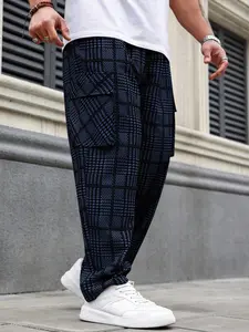 Men's Plus Size Plaid Work Pants, Straight Leg Long Length, Drawstring Waist, Pattern Design, Casual Wear and Outdoor Activities