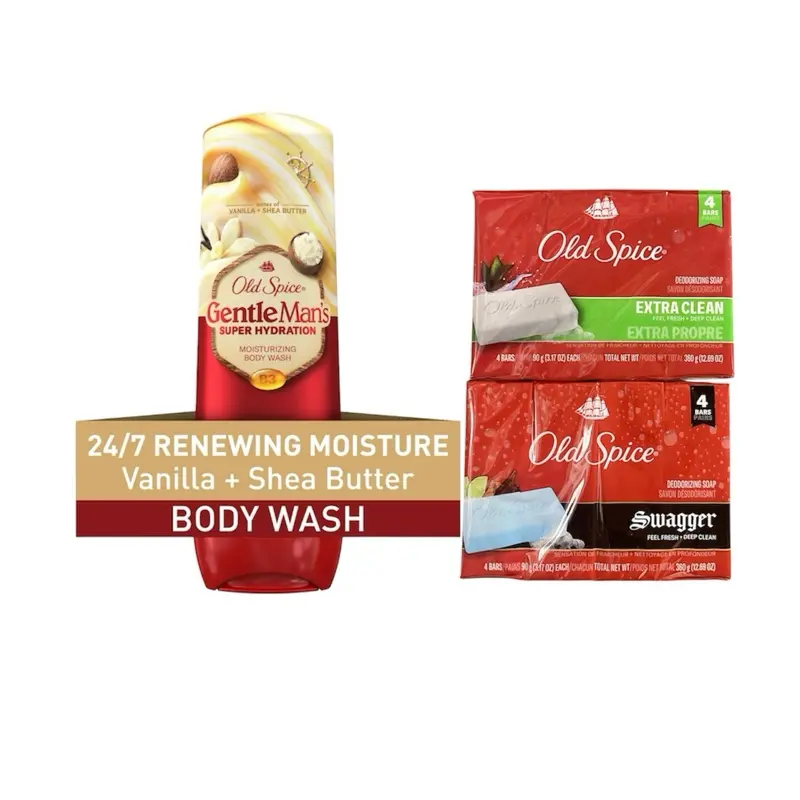 Old Spice Male Hydrating Body Wash & Soap Set - Super Hydration Cleanser, Vanilla & Coconut Scent, 20oz Moisturizer, 8 Bars, Acne Treatment Daily Care