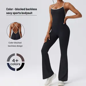 Women's Flared Spaghetti Strap Round Neck Fitted Full-Length Backless Color-Blocked Workout Jumpsuit, Casual Sports Outfits for Yoga